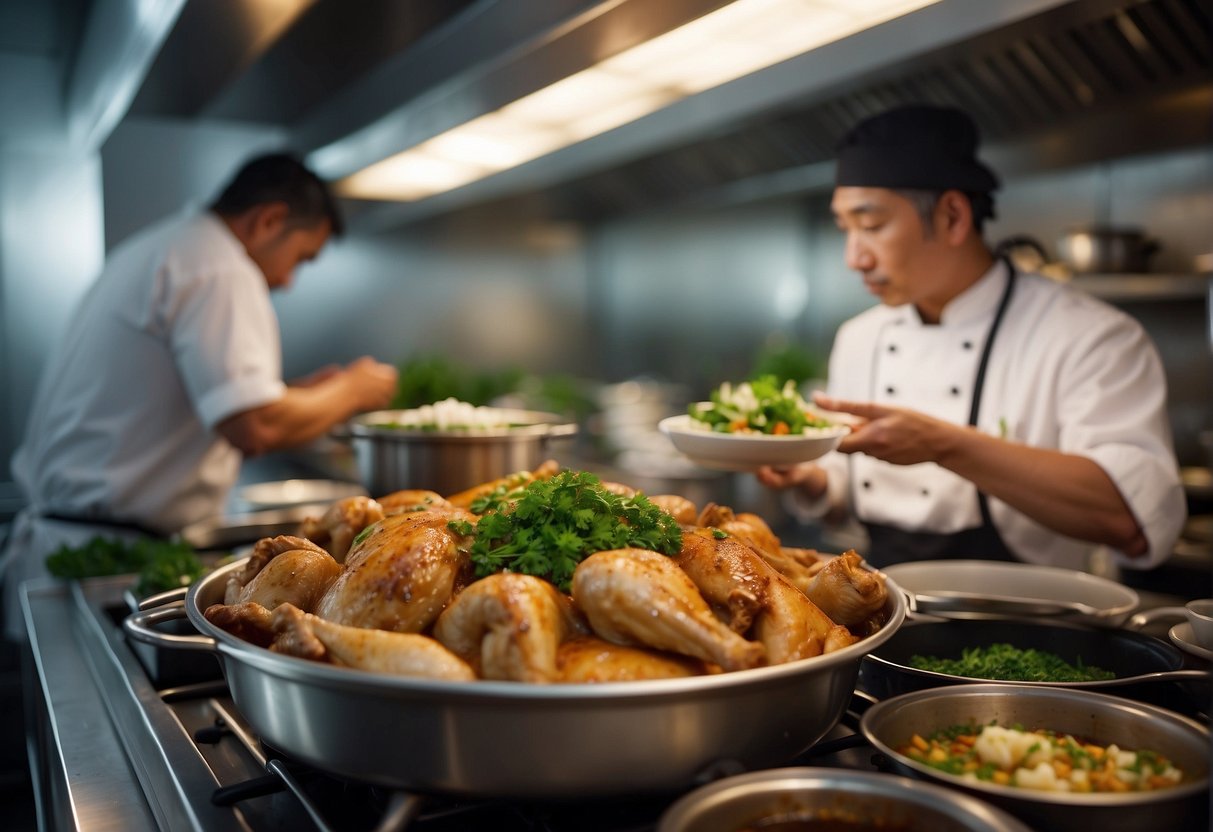 A chef prepares Chinese roast chicken rice with aromatic spices and herbs in a bustling kitchen. Steam rises from the fragrant dish as it is plated for a hungry customer