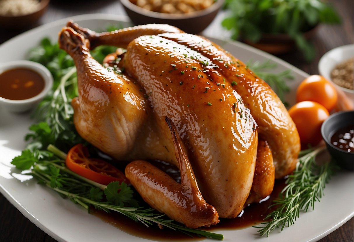 A whole Chinese roast chicken glistens with savory oyster sauce, surrounded by aromatic herbs and spices