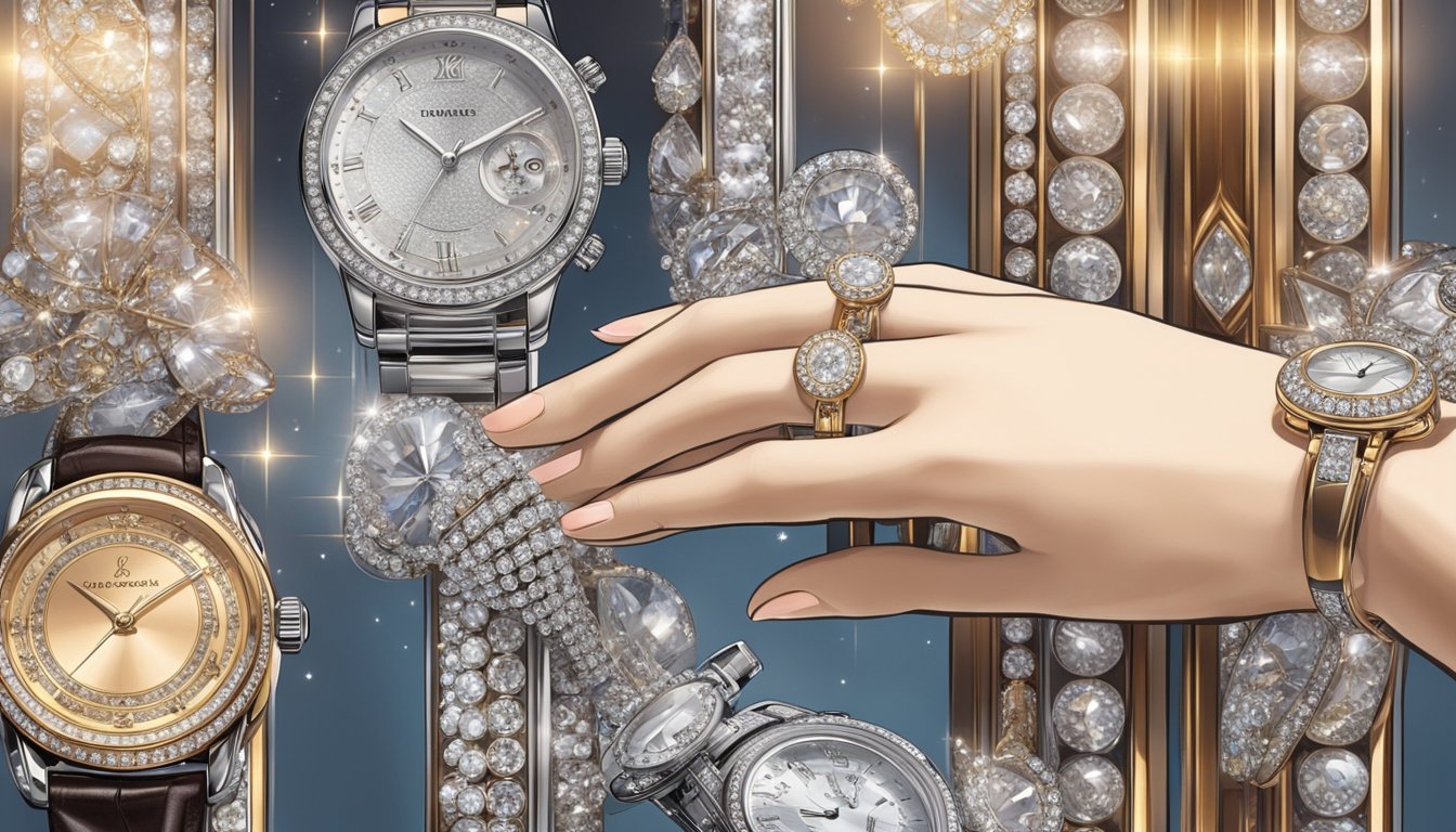 A woman's hand reaches for a display of elegant watches, each one sparkling with diamonds and adorned with intricate details. The soft glow of the store lights highlights the beauty of the accessories