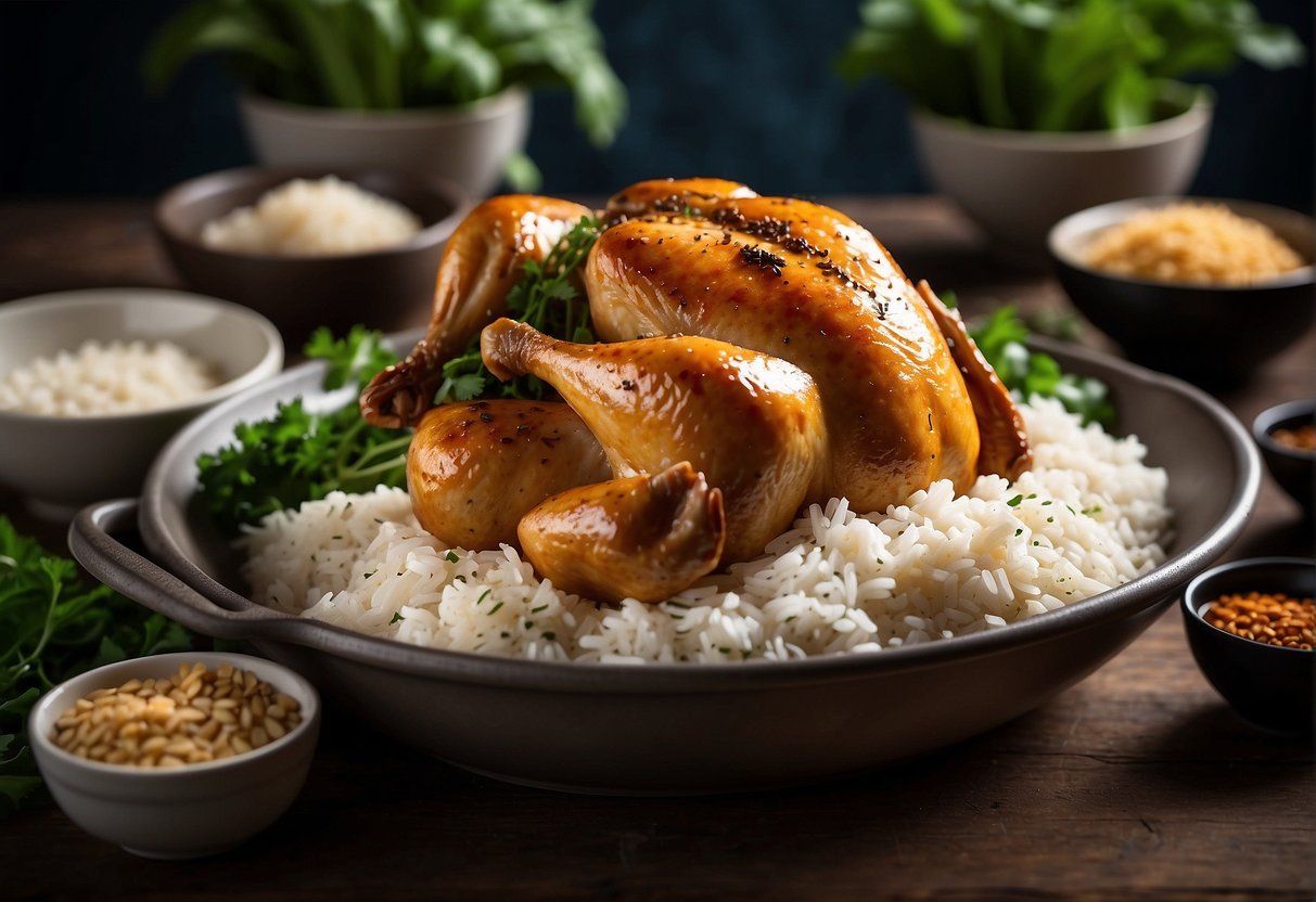 A whole roasted chicken sits on a bed of fragrant, fluffy rice. Surrounding it are bowls of soy sauce, ginger, and garlic, along with a side of fresh greens