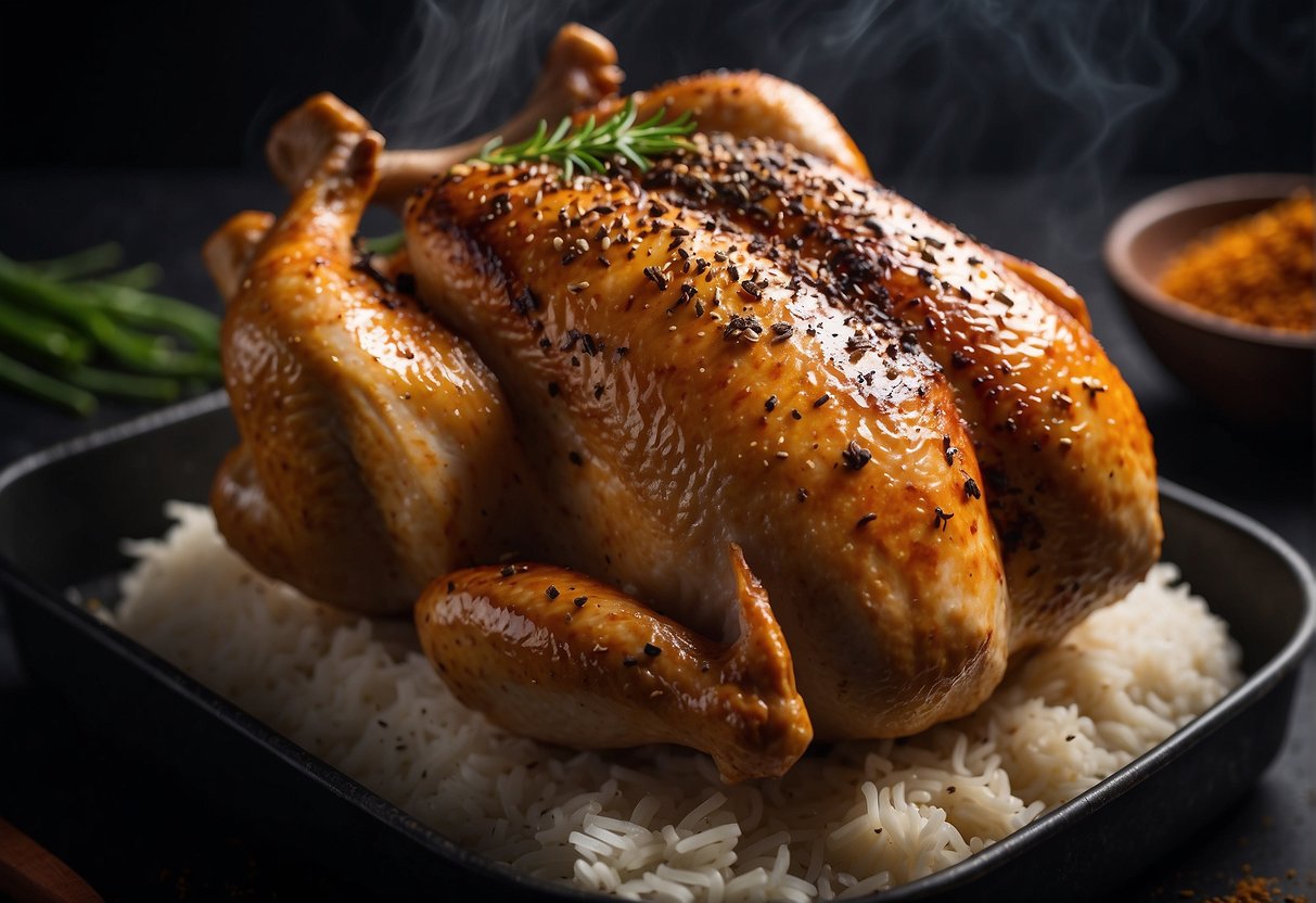 A whole chicken being seasoned with Chinese spices, then placed on a roasting rack over a bed of rice in a roasting pan