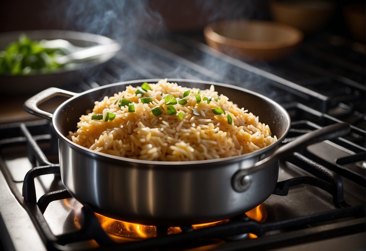 A pot of rice simmers on the stove as a whole roast chicken sizzles in the oven, filling the kitchen with savory aromas