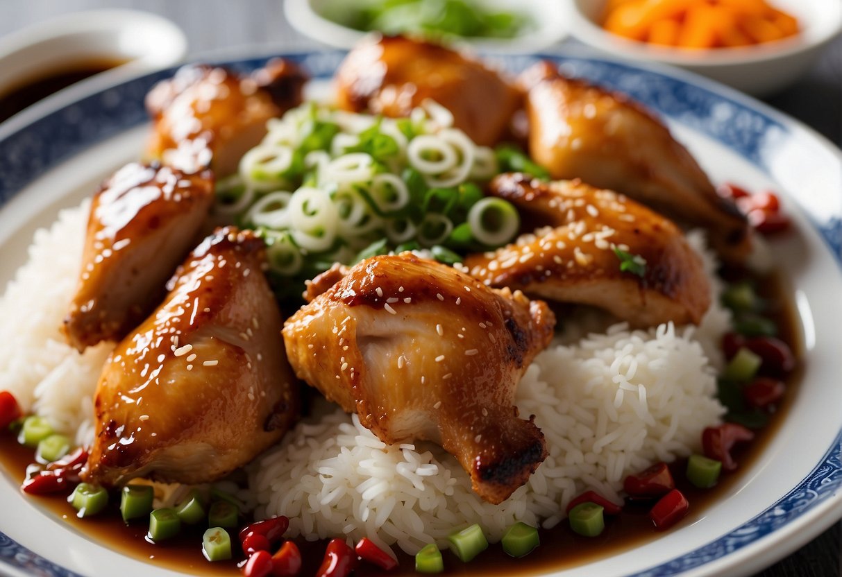 A plate of Chinese roast chicken with rice, surrounded by small bowls of soy sauce, chili oil, and sliced green onions
