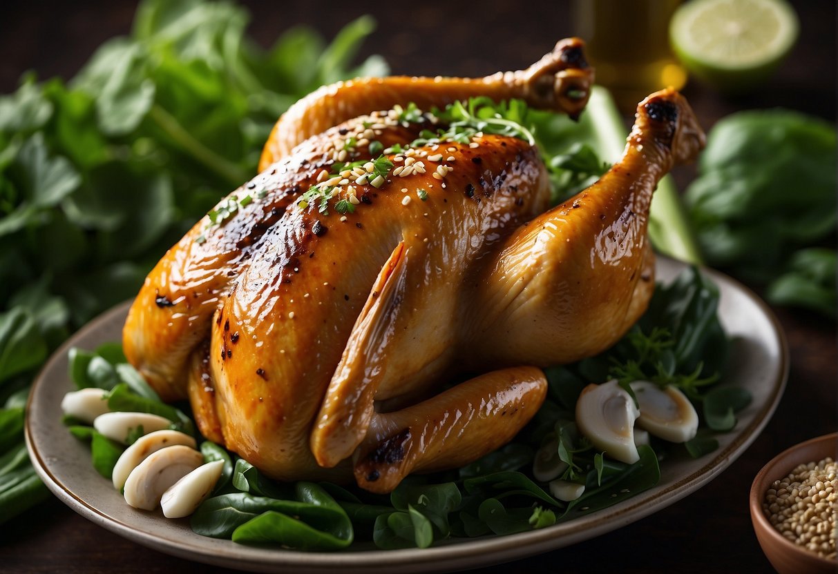 A whole Chinese roast chicken is placed on a bed of vibrant green bok choy, drizzled with glistening oyster sauce, and garnished with fresh cilantro and sesame seeds
