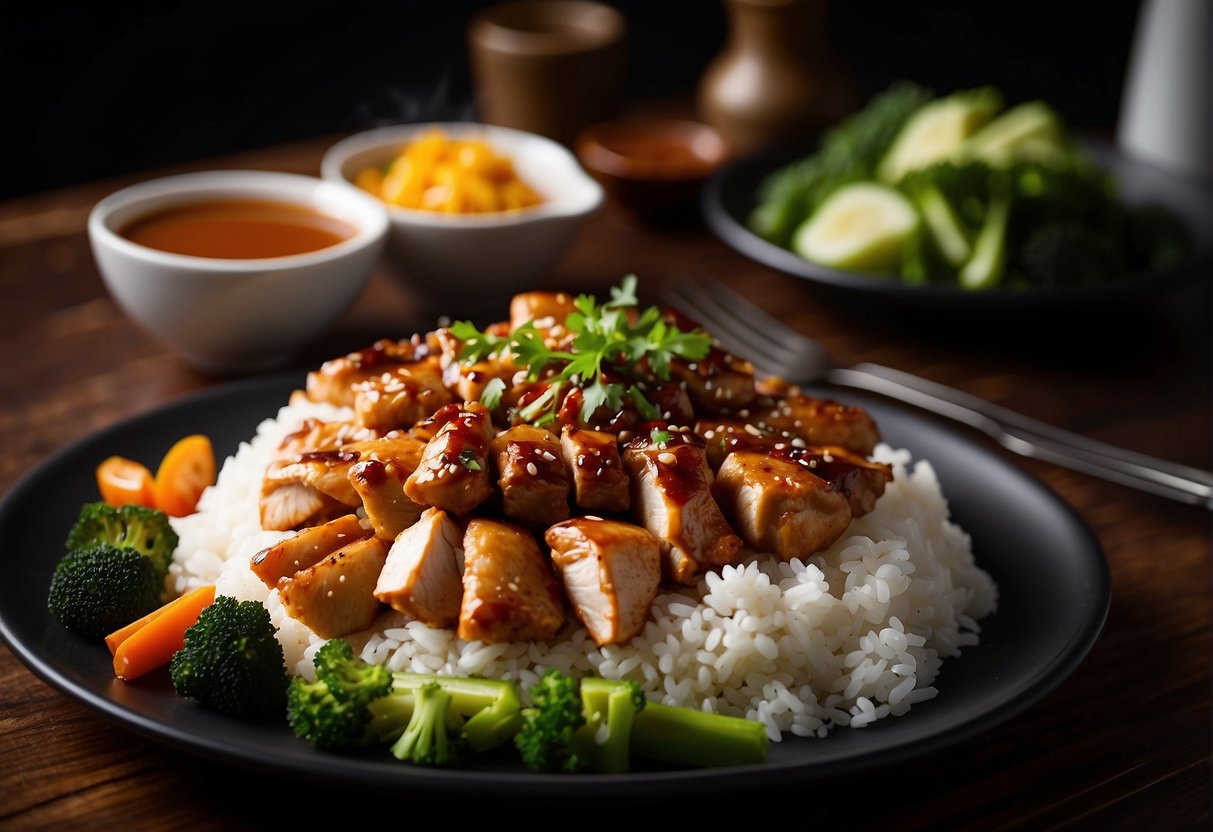 A sizzling hot plate of Chinese roast chicken rice with a side of steamed vegetables and a savory soy-based sauce drizzled over the top