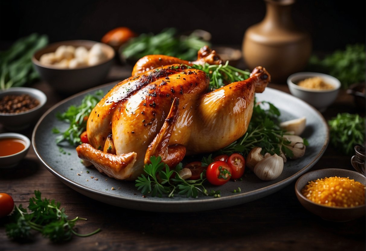 A whole roasted chicken, glazed with glistening oyster sauce, surrounded by traditional Chinese ingredients and garnished with fresh herbs