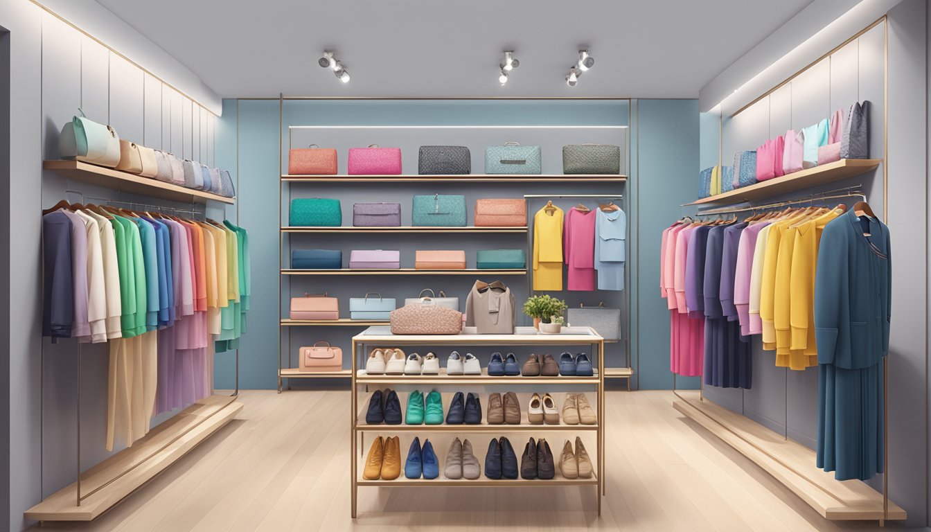 A colorful display of Singapore clothing brands arranged in a modern boutique setting, with sleek racks and shelves showcasing the latest fashion pieces