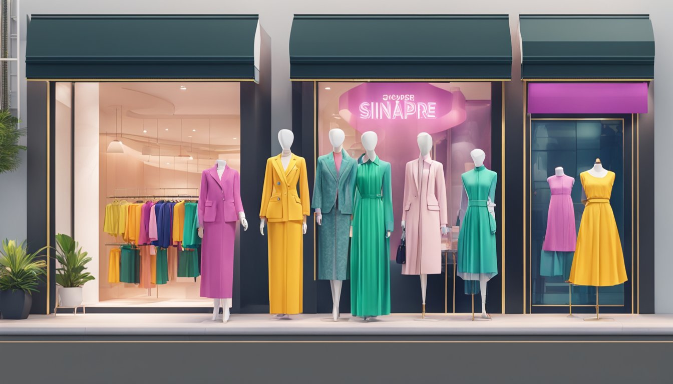 A row of storefronts displaying iconic Singapore clothing brands with vibrant signage and trendy mannequins