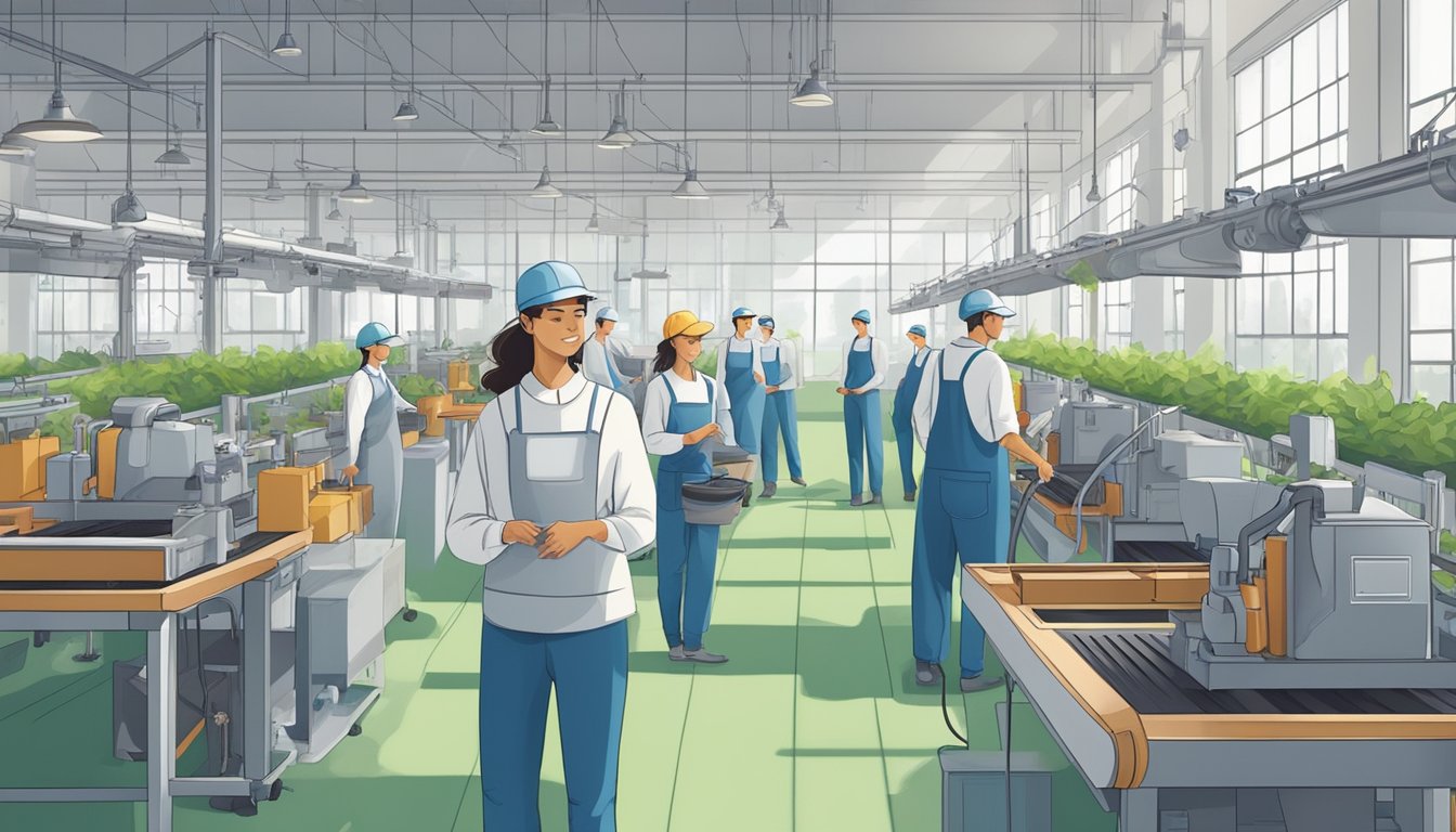 A group of workers in a clean, modern factory producing clothing with sustainable and ethical practices, using eco-friendly materials and mindful of fair labor standards