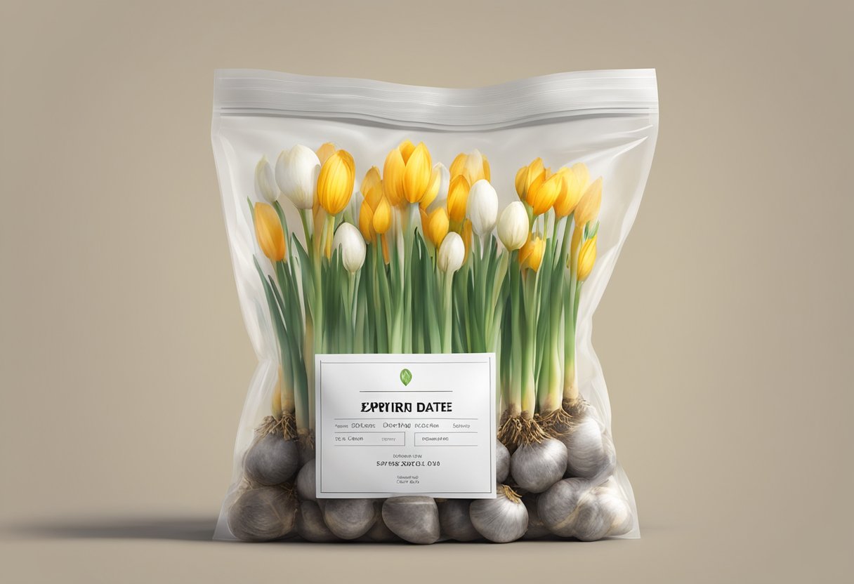Fresh flower bulbs in a sealed bag, labeled with expiration date