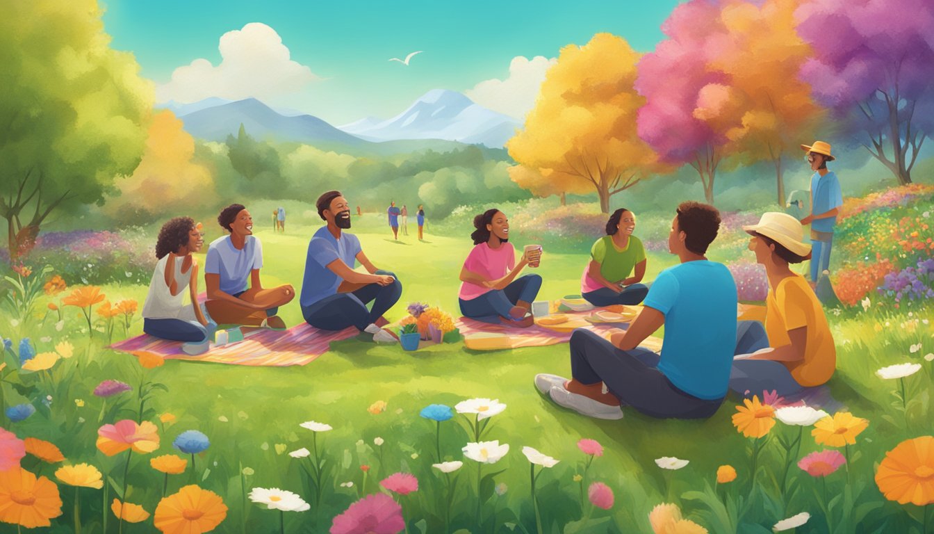 A group of people gathered around a vibrant meadow, interacting with the Meadows brand products. The scene is filled with energy and excitement as the consumers engage with the brand