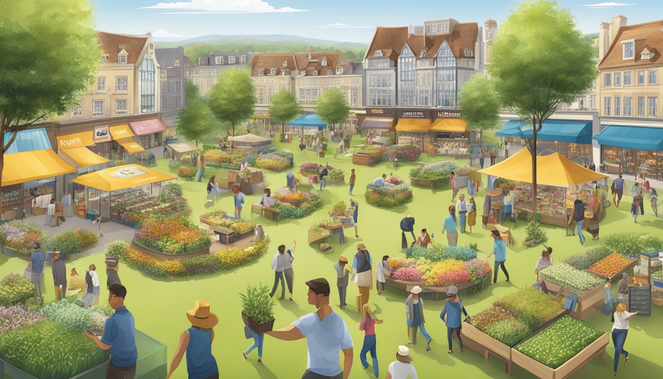 A bustling meadow with a variety of retail and distribution activities for the Meadows brand