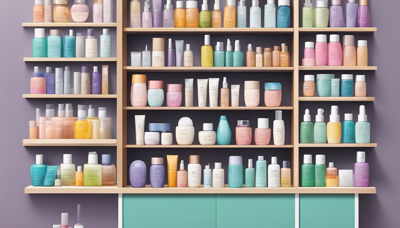 A display of colorful Korean skin care products arranged on a sleek, minimalist shelf. Brightly labeled bottles and jars catch the light, showcasing the variety of brands and products available