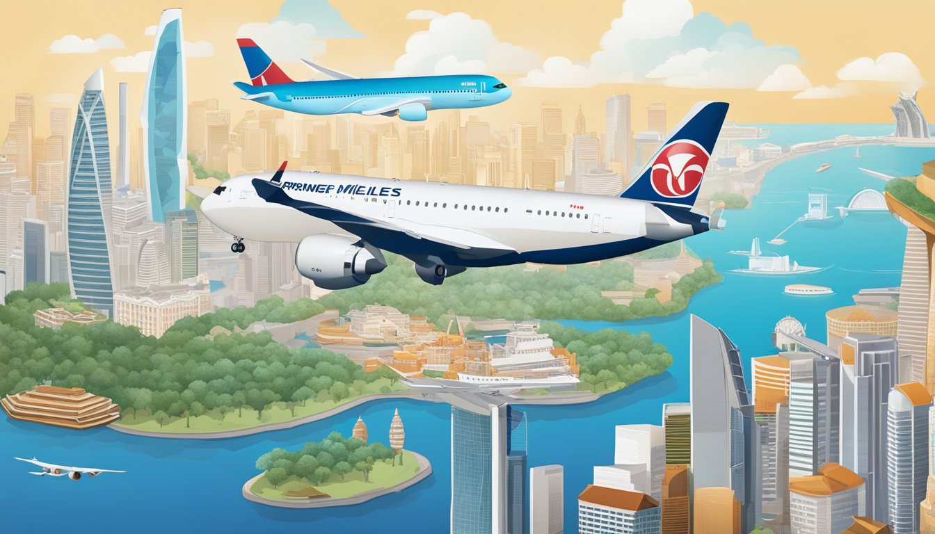The Citi PremierMiles Card is shown against a backdrop of iconic Singapore landmarks, with an airplane flying overhead and a map of the world in the background