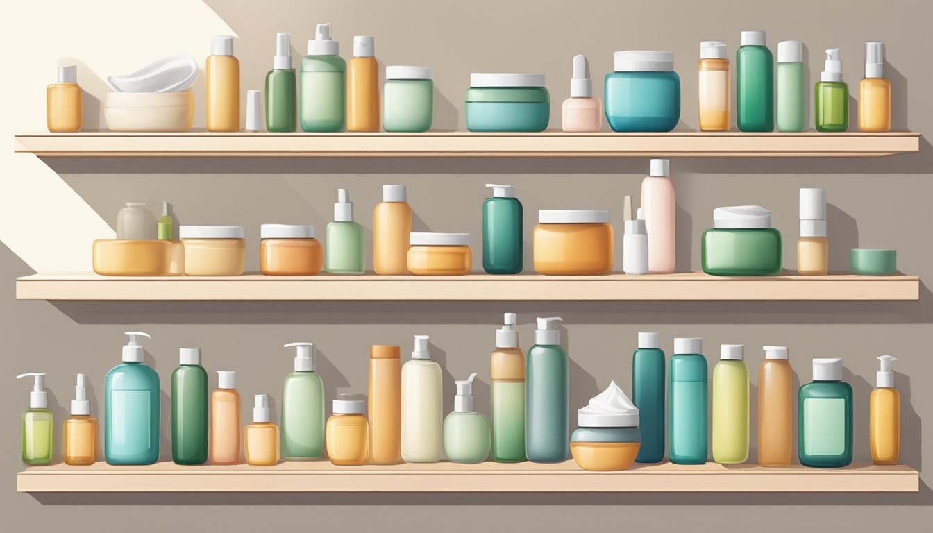 A serene, minimalist bathroom shelf lined with colorful bottles and jars of Korean skincare products, bathed in soft natural light