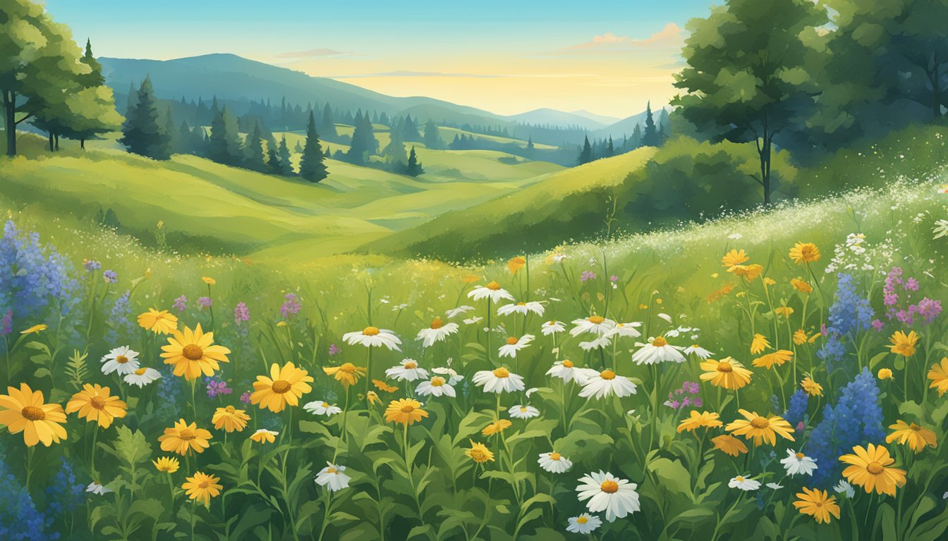 A lush meadow with a sign reading "Frequently Asked Questions Meadows brand" surrounded by wildflowers and a clear blue sky
