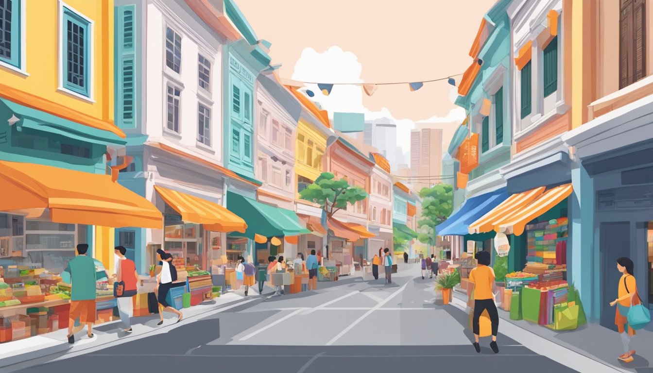 A bustling Singapore street lined with vibrant local shops and colorful storefronts showcasing homegrown brands