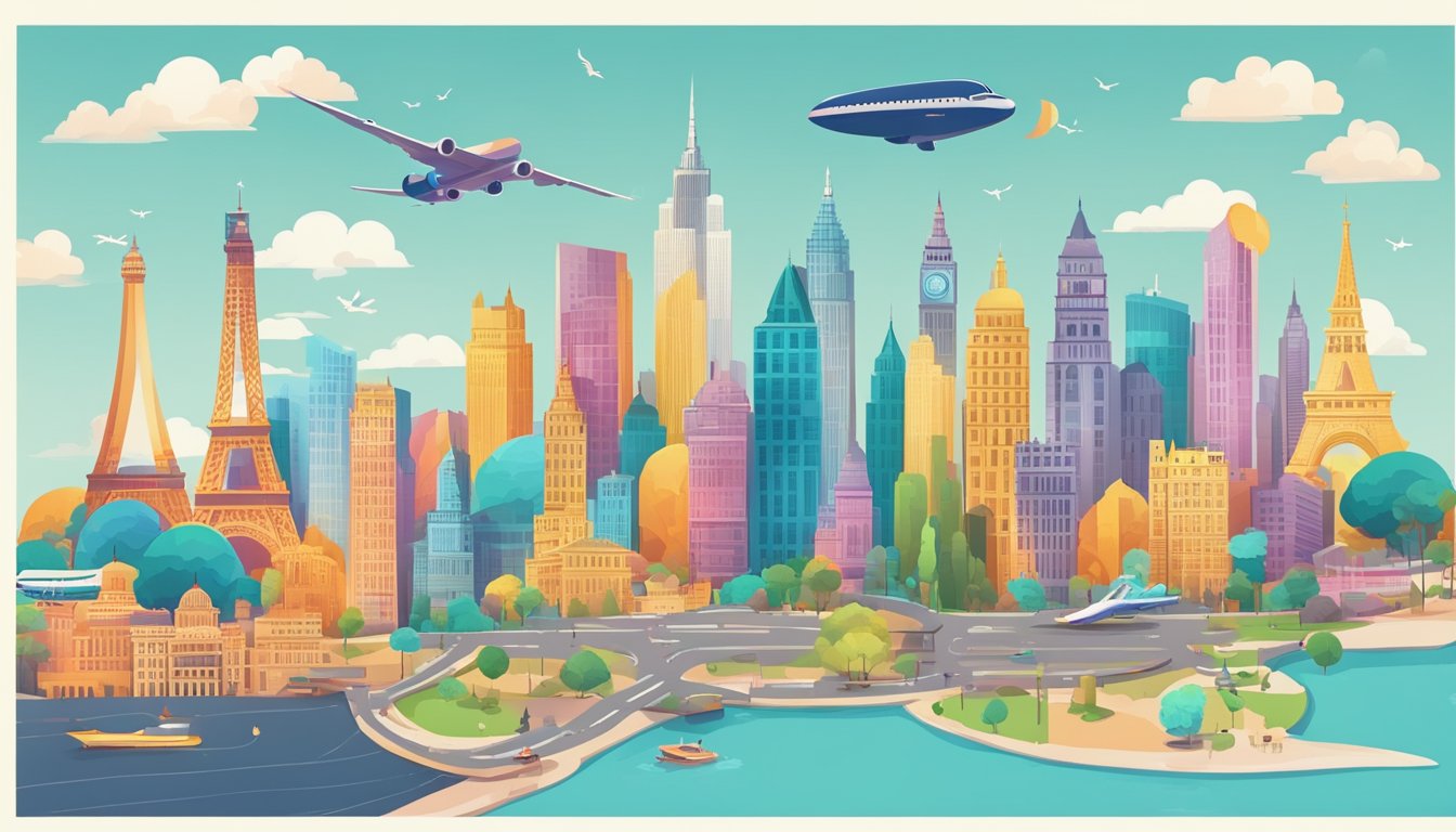 A colorful cityscape with iconic landmarks, an airplane flying overhead, and a map with various travel destinations highlighted