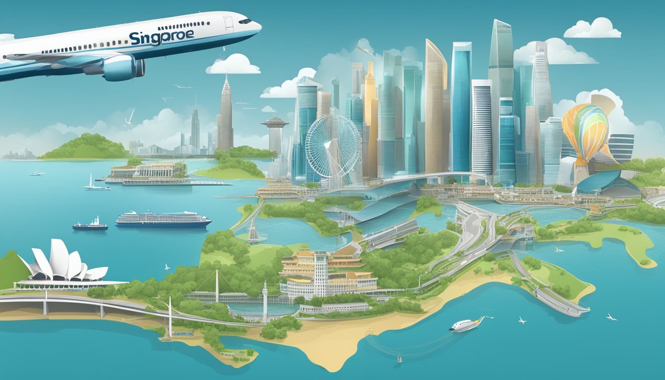 A city skyline with iconic landmarks, a plane flying overhead, and a map of Singapore highlighted with travel routes and destinations