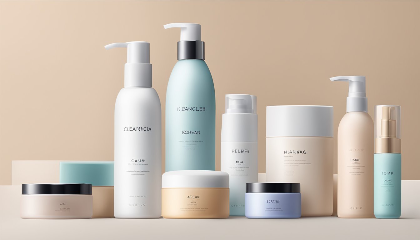 A variety of Korean skincare products arranged on a clean, minimalist background. Bottles and containers of cleansers and toners in sleek, modern packaging