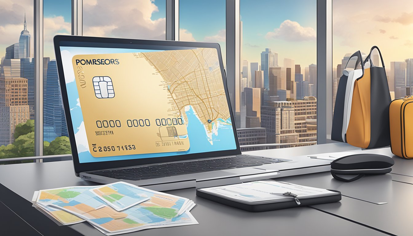 A Citi PremierMiles Card sits on a sleek, modern desk with a city skyline in the background, surrounded by travel essentials like a passport, boarding pass, and a map