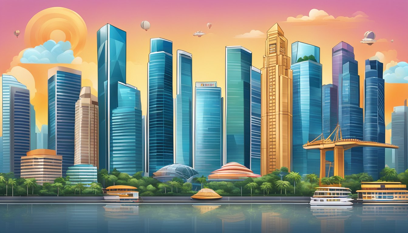 A lavish Singapore skyline with iconic local brands' logos shining atop modern skyscrapers