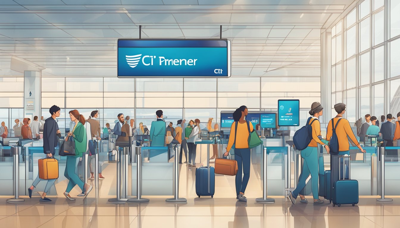 A busy airport terminal with travelers rushing past airline check-in counters, while a digital display shows the Citi PremierMiles Card logo and rewards points