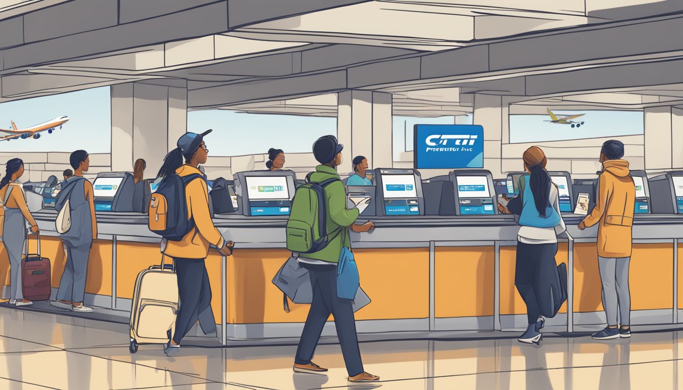 A traveler swipes a Citi PremierMiles Card at a bustling airport check-in counter, with planes taking off in the background