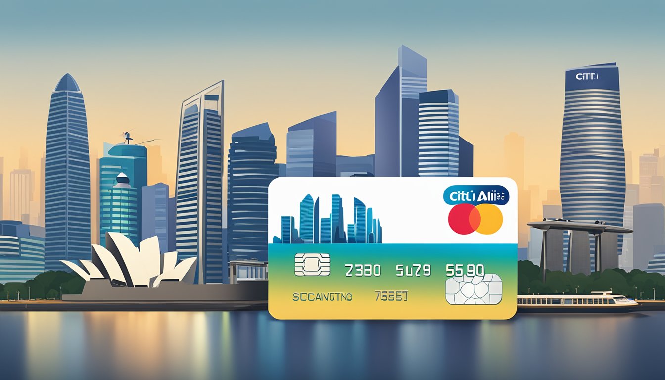A city skyline with iconic Singapore landmarks in the background, while a Citi PremierMiles Card is prominently displayed in the foreground