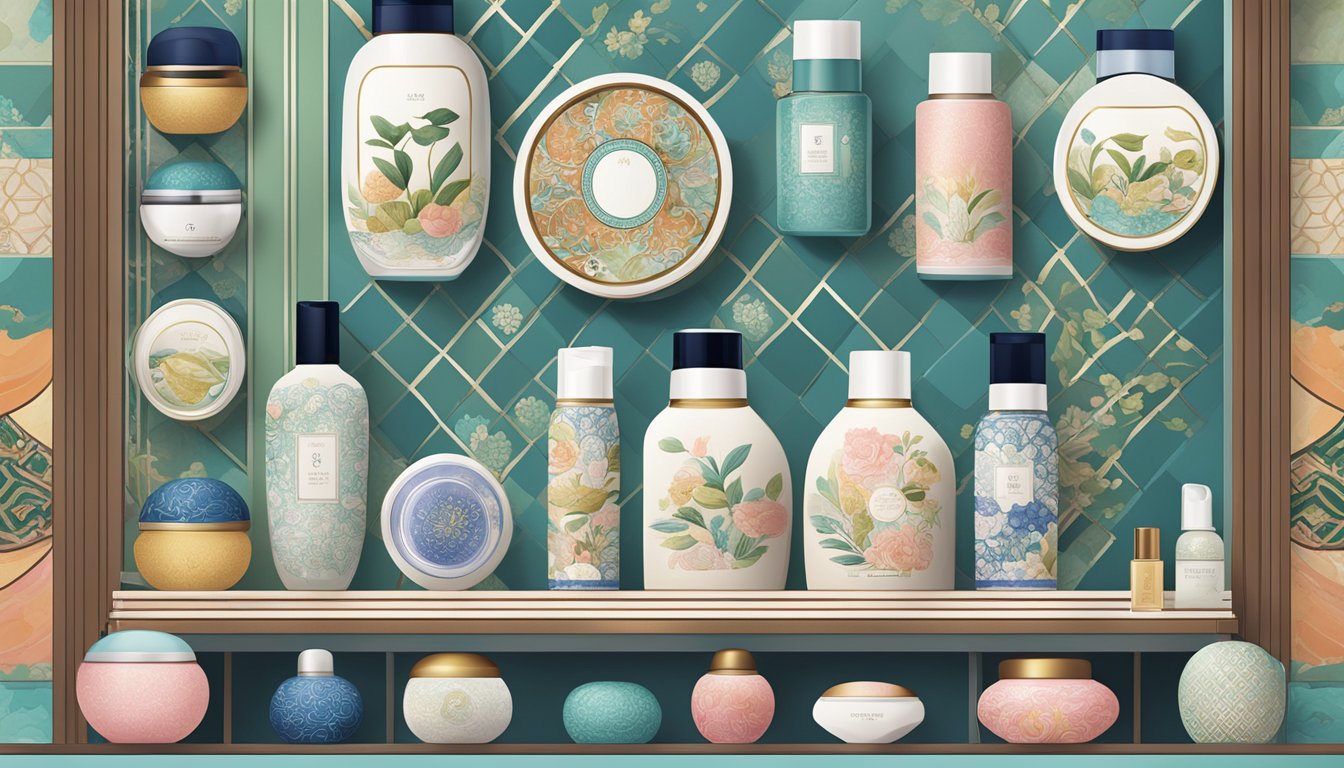 A display of Korean skincare products with traditional Korean patterns and modern influences
