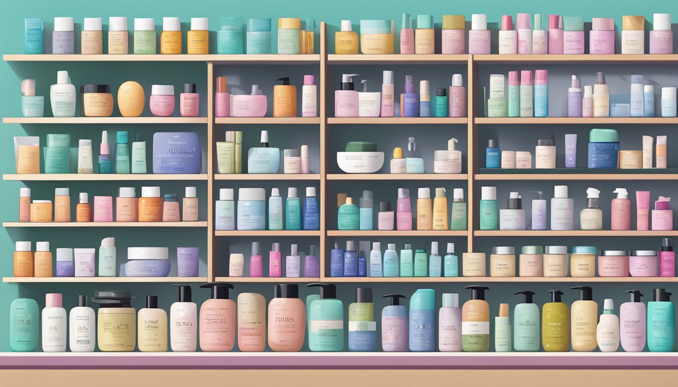 A shelf filled with colorful Korean skincare products, with labels in both Korean and English, arranged neatly and attractively displayed