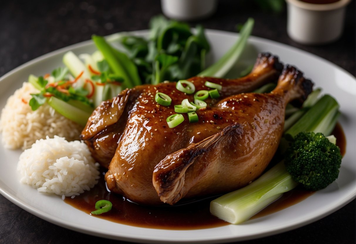 A whole duck leg marinated in soy sauce, hoisin, and five-spice, then roasted until golden and crispy. Garnished with green onions and served with steamed rice and bok choy