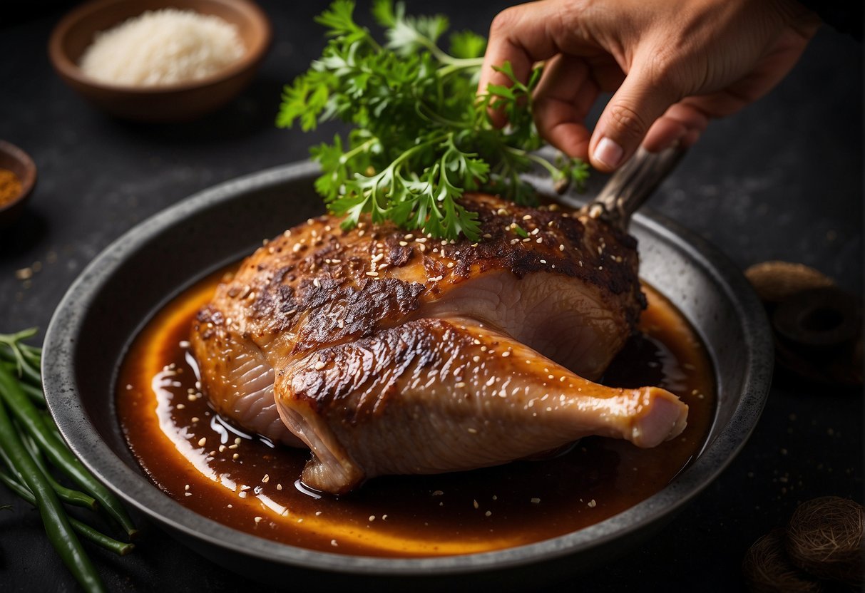 The chef marinates the duck leg in a blend of soy sauce, ginger, and five-spice powder before roasting it to perfection