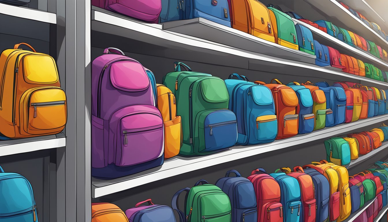 Colorful backpacks lined up on shelves, with logos and brand names prominently displayed