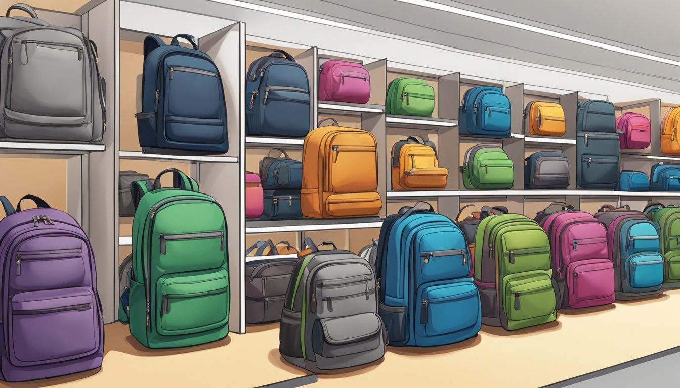 A display of top backpack brands lined up on shelves in a modern retail store
