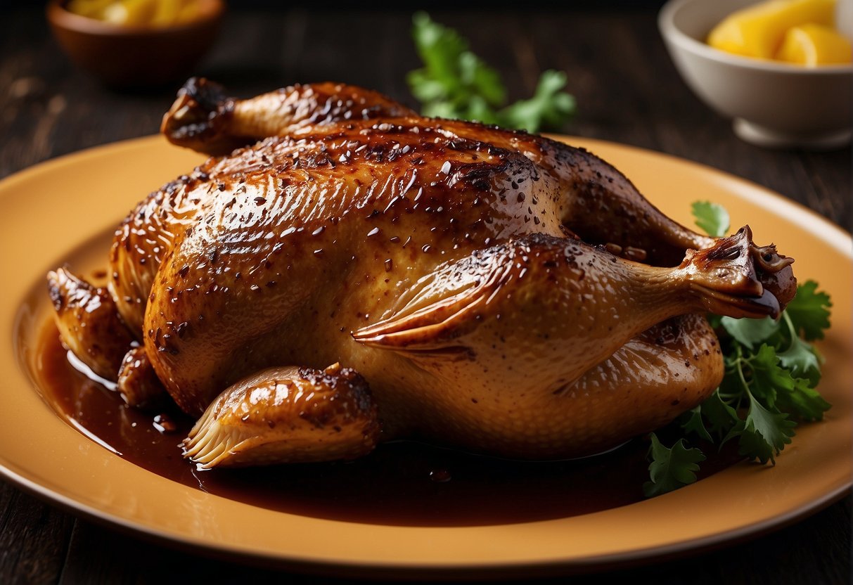 A whole duck is marinated in soy sauce, ginger, and five-spice, then roasted until golden and crispy. The skin is glistening and the meat is tender and juicy