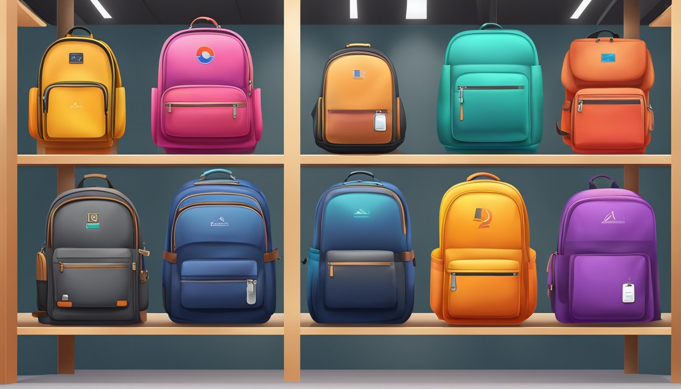 A variety of colorful backpacks displayed on shelves with brand logos and tags. Different sizes and designs for every type of journey