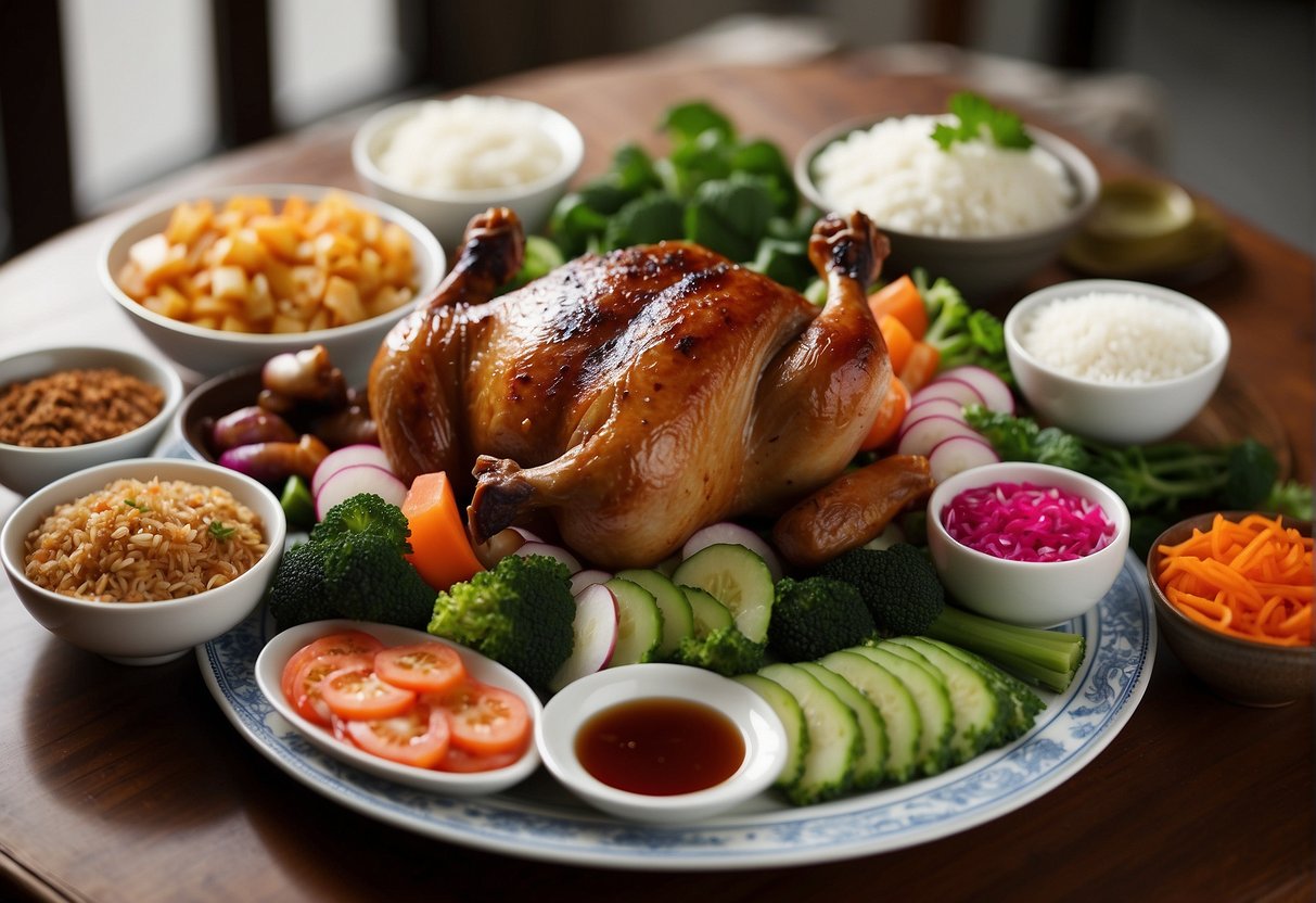 A platter of Chinese roast duck legs surrounded by various side dishes and accompaniments, such as steamed vegetables, pickled radishes, and fluffy white rice