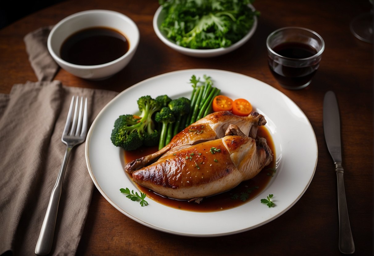 A plate with a perfectly roasted duck leg, garnished with fresh herbs and accompanied by a side of steamed vegetables and a small dish of hoisin sauce