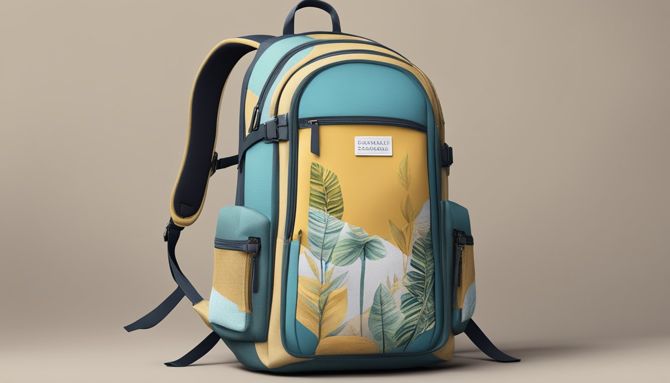 A backpack made from recycled materials, with a label displaying "ethically sourced" and "sustainable practices."