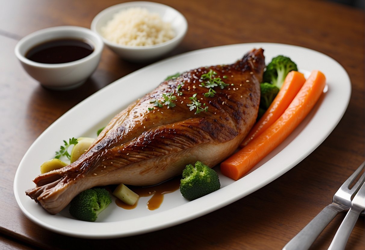 A roasted duck leg lies on a clean white plate with a side of steamed vegetables. A small bowl of hoisin sauce is placed next to the dish