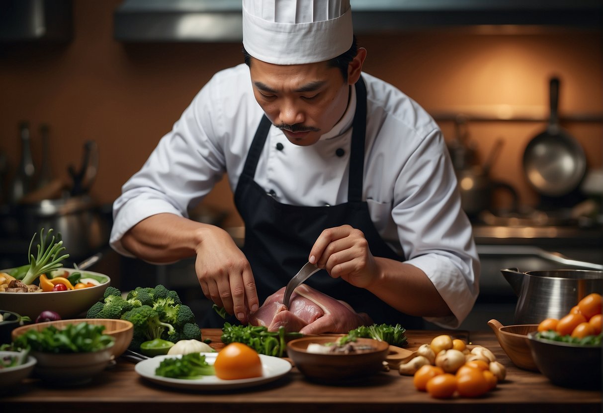 A chef prepares a succulent Chinese roast duck leg, surrounded by traditional ingredients and utensils