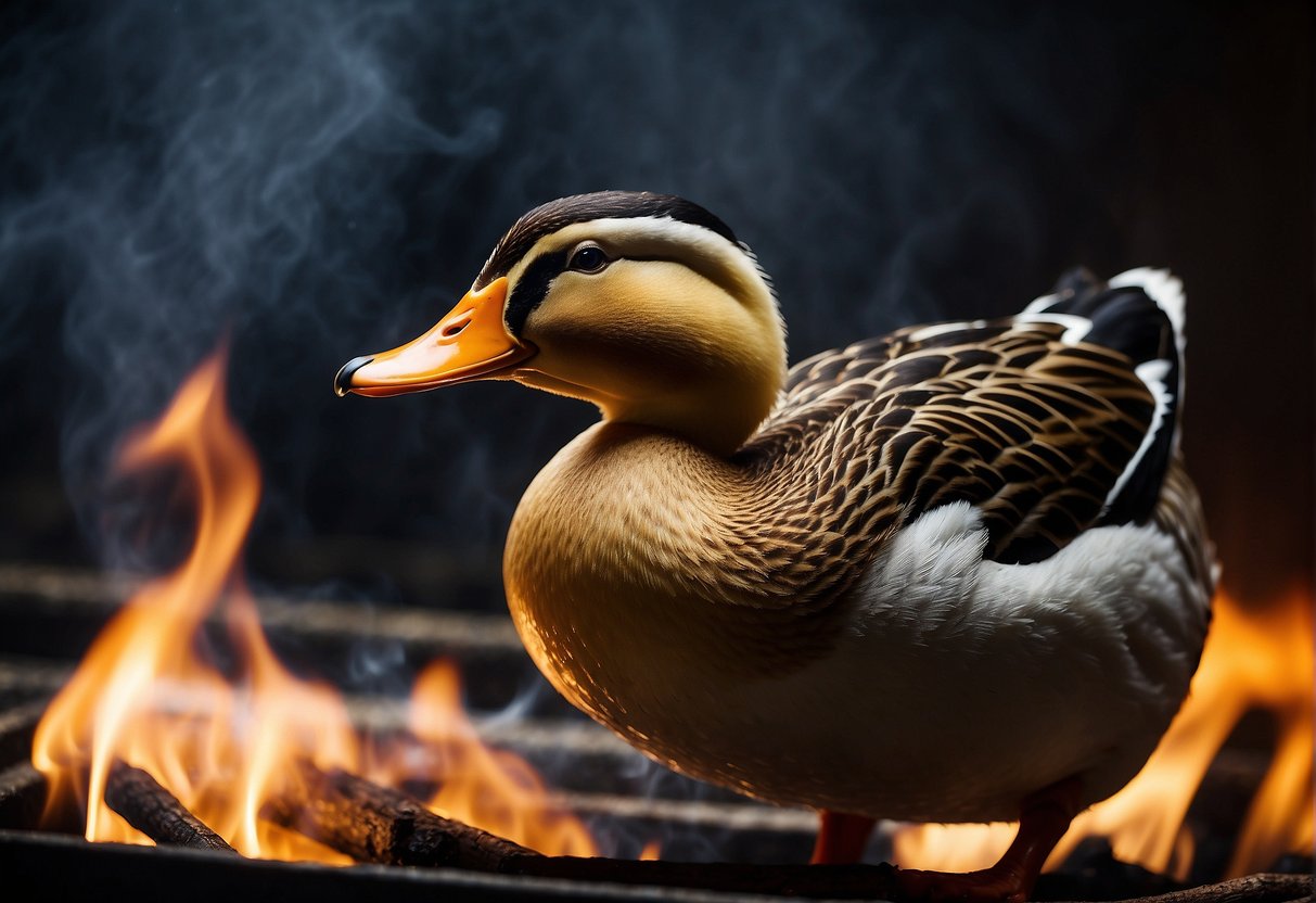 A whole duck turning on a spit over an open flame, with its skin crisping and browning as it roasts to perfection