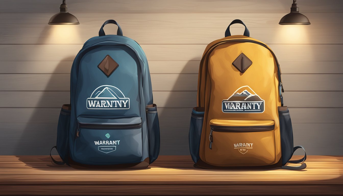 Two backpacks labeled "Warranty" and "Aftercare" stand side by side on a rustic wooden table, with a soft spotlight highlighting their sleek designs and durable materials