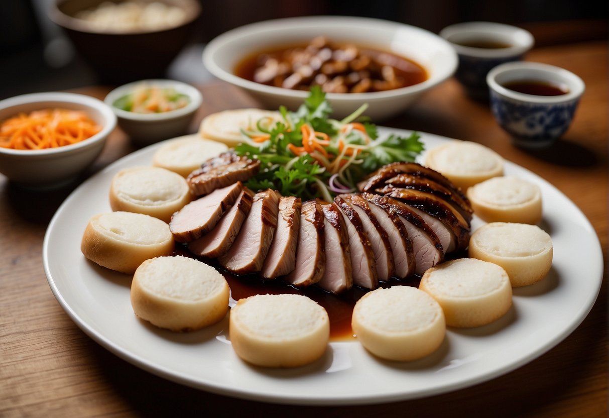 A platter of sliced chinese roast duck with garnishes, steamed buns, and hoisin sauce on a wooden table