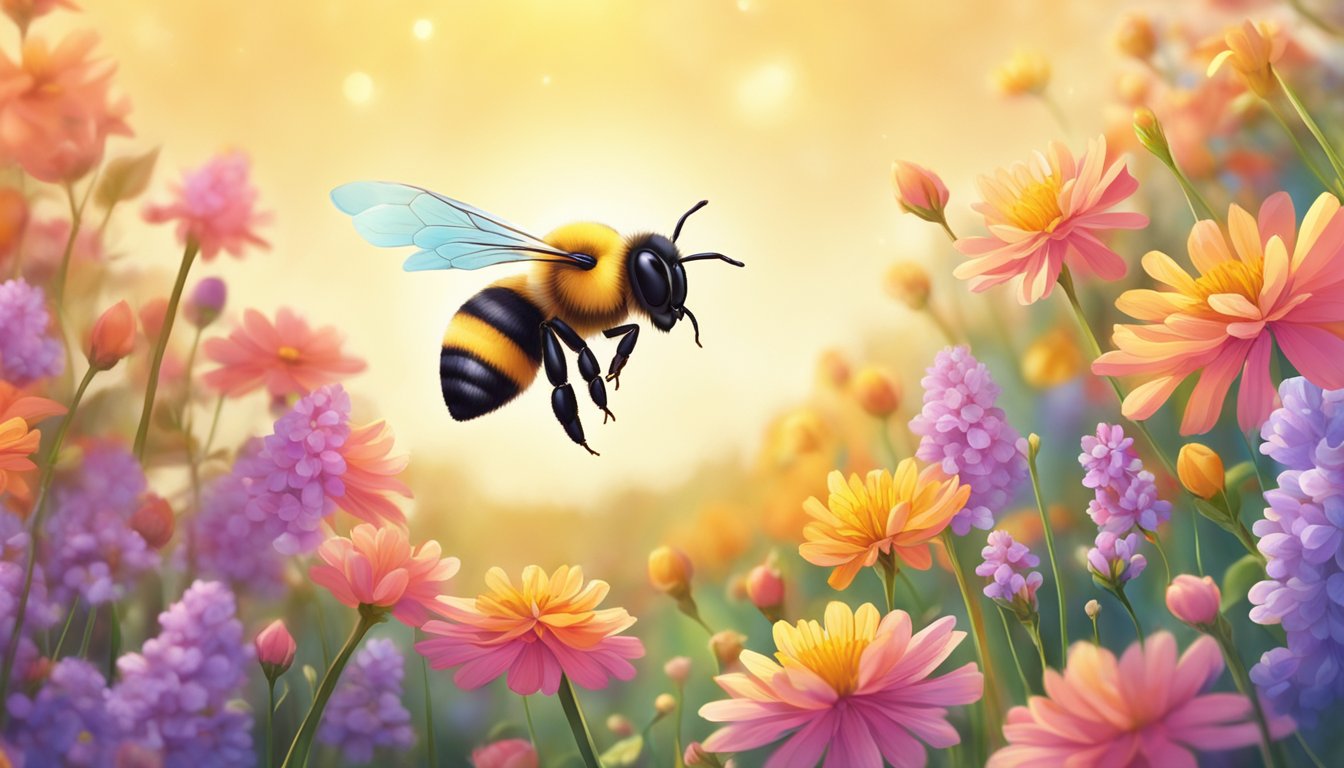 A bee hovers over a vibrant field of flowers, collecting nectar with delicate precision. The sun shines brightly, casting a warm glow over the scene