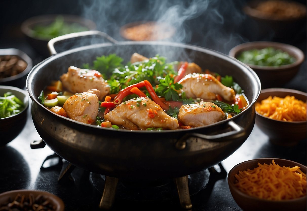 Three cups of chicken simmer in a traditional Chinese wok, surrounded by aromatic herbs and spices. Steam rises from the bubbling sauce, creating a tantalizing scene