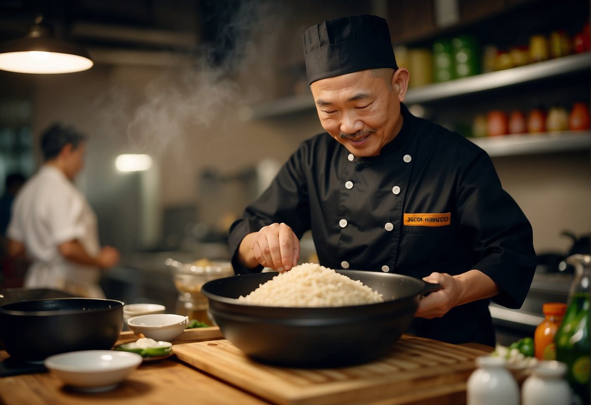 A chef mixes soy sauce, sesame oil, and rice wine in a bowl. He adds chicken pieces and simmers them in a wok with ginger and garlic