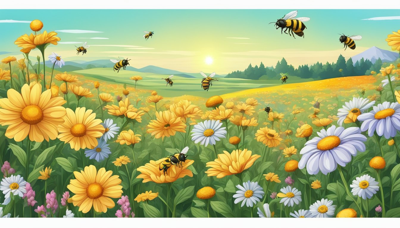 A field of colorful flowers buzzing with bees collecting nectar for Bee Brand honey production