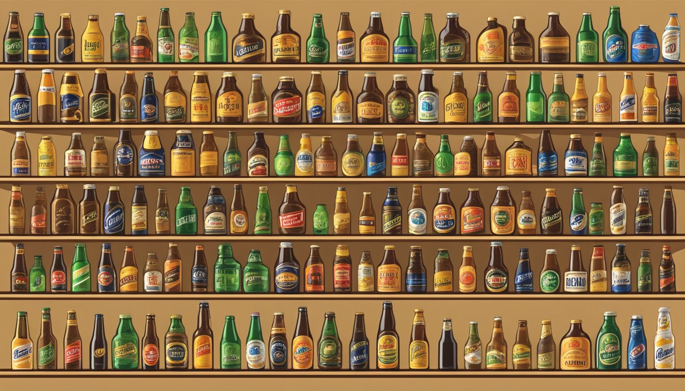 Various beer brands arranged on a shelf, with colorful labels and different sized bottles